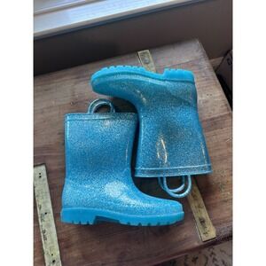 ZOOGS Girl Rain Boots Blue Glitter Waterproof‎ Pull-On Straps Size 3